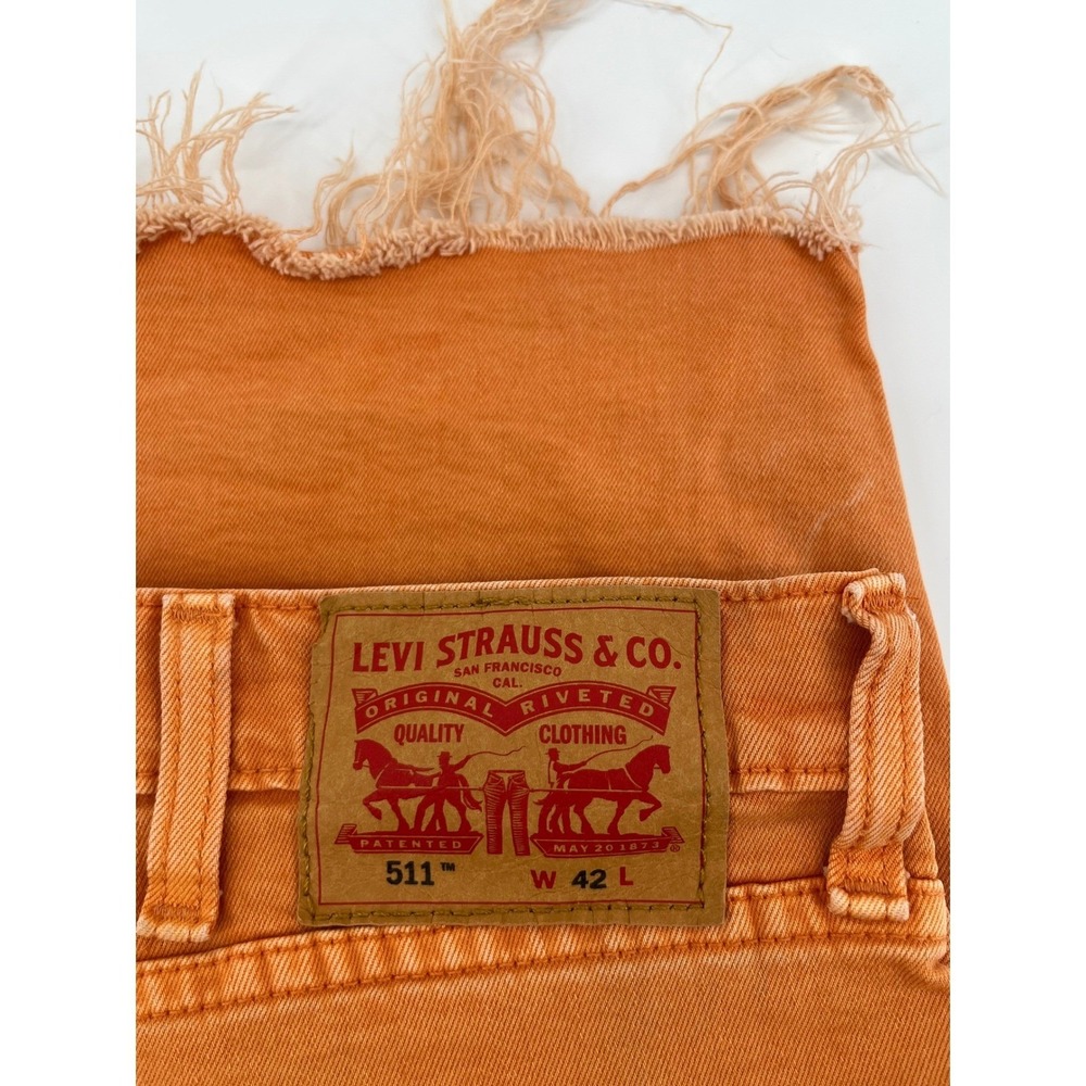 Levi's 511 Cut Off Denim Shorts Mens W42 Orange Slim Fit Frayed Hem Distressed - Picture 2 of 8